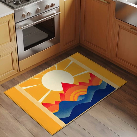 Abstract 2x3 Rug for Entryway Front Door Kitchen Sink Area, Sun Mountains Gradient Peaks Rays Hand Drawn Low Pile Washable Non Slip Rectangle Area Rug
