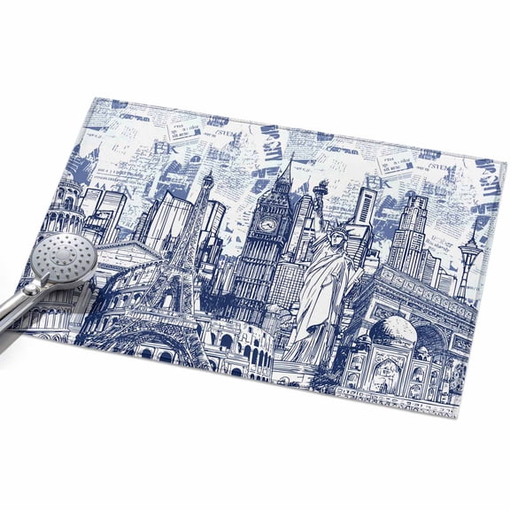 Abstract 2x3ft Non Slip Area Rug White and Navy Blue Global Landmarks Collage Art Washable Soft Area Rugs for Living Room, Indoor Circle Carpet for Bedroom Dining Room Kitchen