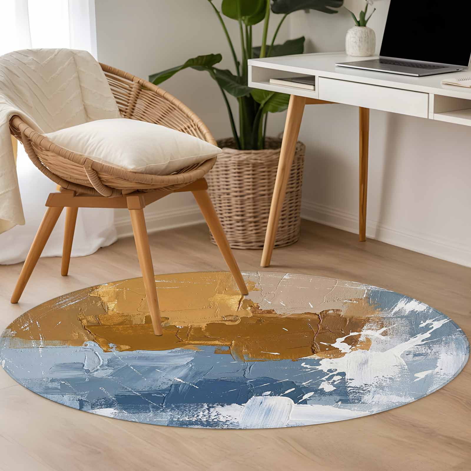 Abstract 3.3ft Round Rug for Bedroom Reading Corner, Retro Brown Blue ...