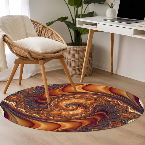 Abstract 3.3ft Round Rug for Bedroom Reading Corner, Swirling Shape Brown Gold Red Marble Texture Modern Washable Non Slip Circle Area Rug
