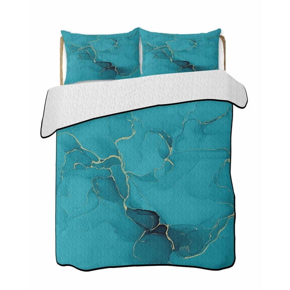 Abstract 3 Piece Quilt Bedding Set with 2 Pillow Shams, Turquoise Golden Marble Fluid Lines Lightweight Bedspread Coverlet, Soft Breathable All Season Quilt, 68 x 98 Inch