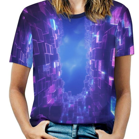 Abstract 3D Futuristic Geometric Plaid Women's T-Shirt Short Sleeve T Shirts Tops Tee Ladies Loose T