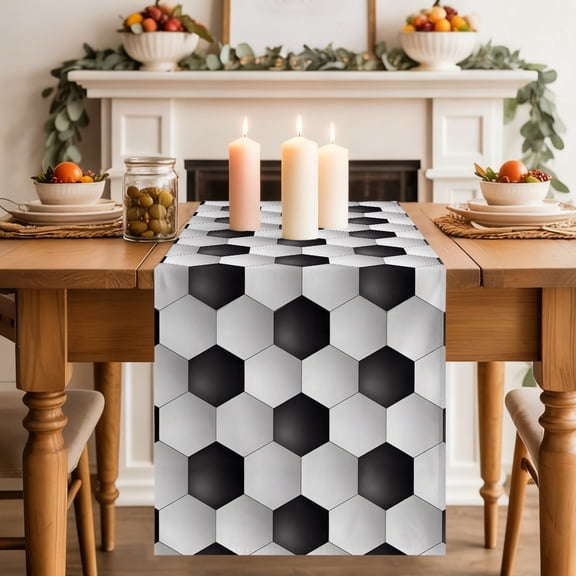 Abstract 3D Soccer Skin Table Runner 13x36 Inch Modern Abstract Symmetrical Black White Plaid Cotton Linen Dining Table Runner Ideal for Dresser Kitchen Coffee Tables - Machine Washable