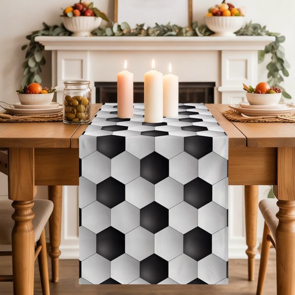 Abstract 3D Soccer Skin Table Runner, Modern Abstract Symmetrical Black White Plaid Washable Cotton-linen Table Runners Dining Kitchen Decoration for Everyday Home Wedding Party Decor, 13 x 36 Inch