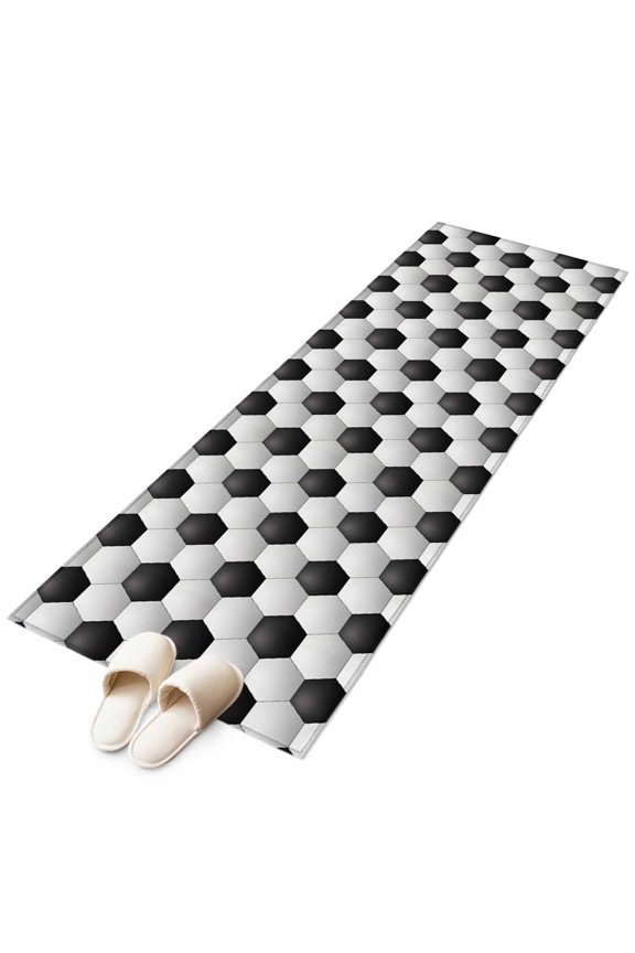 Abstract 3D Soccer Skin Washable Runner Rugs 2'x6', Modern Abstract Symmetrical Black White Plaid Low Pile Throw Entryway Rug Non-Slip Sturdy Edge Binding Carpet for Indoor Bedside Entrance Bedside