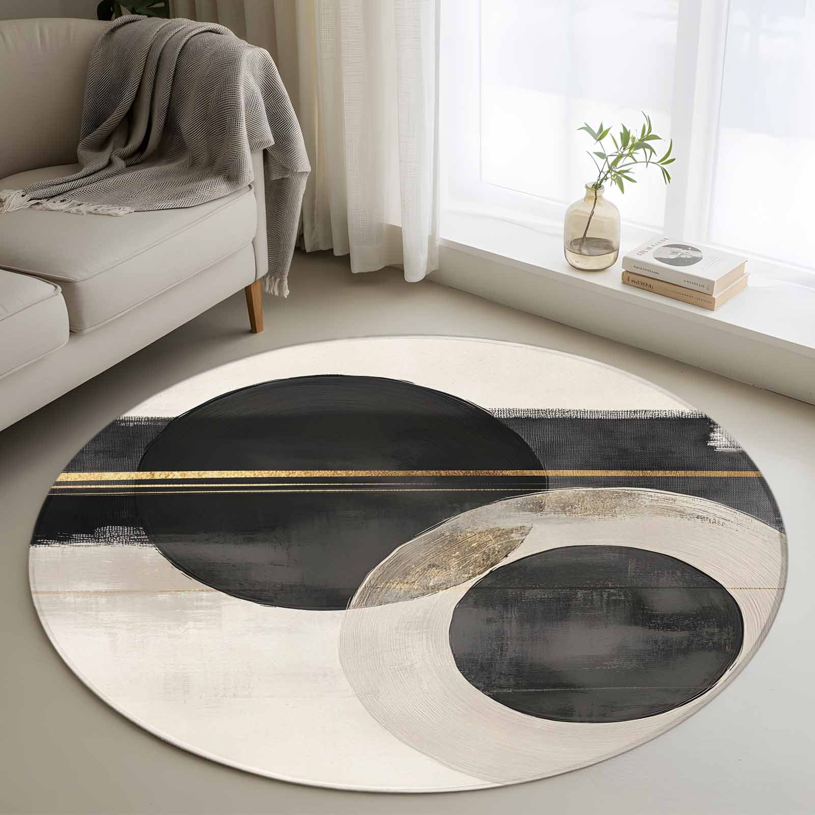 Abstract 3FT Round Area Rugs for Living Room Mottled Geometric Black ...