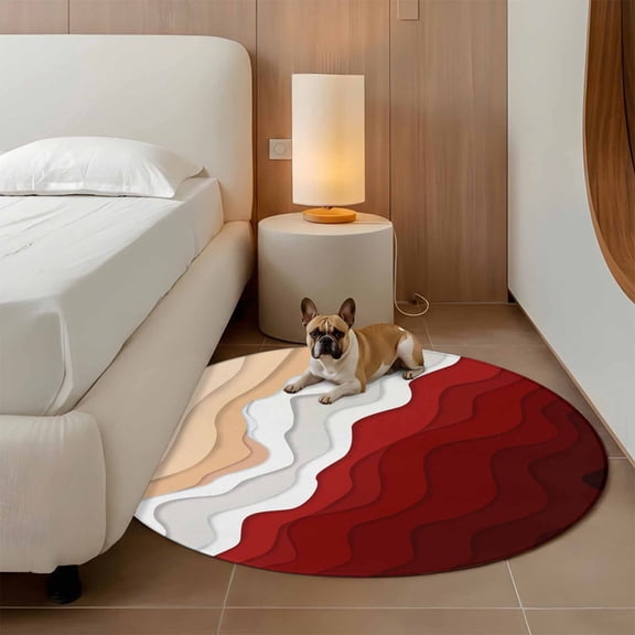 Abstract 3ft Round Rug for Bathroom Accent Bedside Corner, Red Gradient Ocean Beach Waves Washable Non Slip Circle Area Rug for Small Spaces