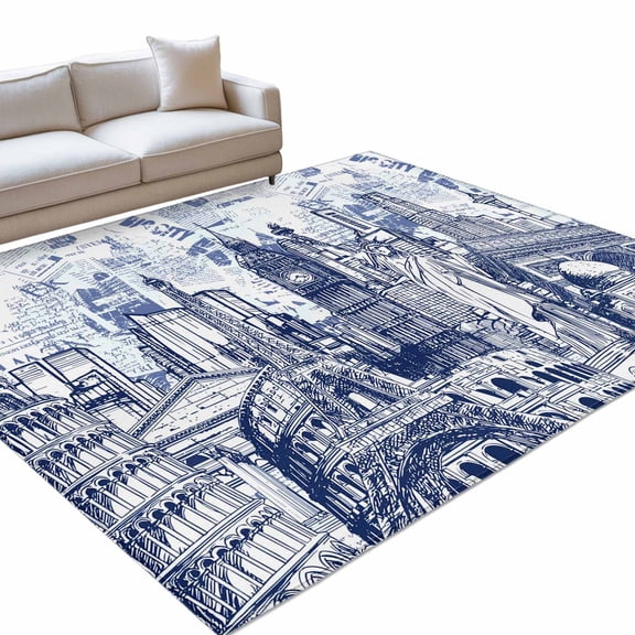 Abstract 3x5ft Non Slip Area Rug White and Navy Blue Global Landmarks Collage Art Washable Soft Area Rugs for Living Room, Indoor Circle Carpet for Bedroom Dining Room Kitchen