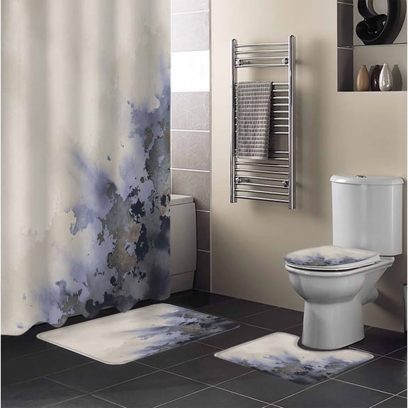Abstract 4PCS Shower Curtains Set with Toilet Lid Cover Non-Slip Rugs, Ink Painting Mottled Gradient Purple Gray Color Waterproof Shower Curtain Set for Bathroom with 9 Hooks 36x72 In