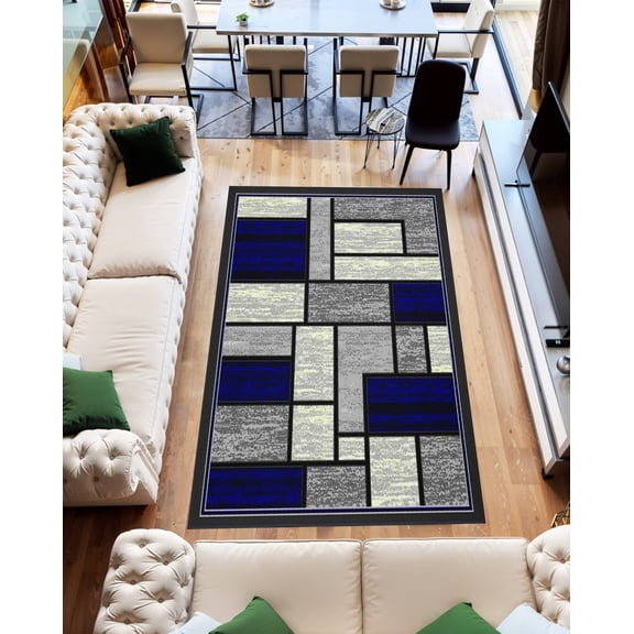Star Abstract 5x7 Area Rug – Modern Contemporary Colorful Soft Polyester Carpet for Living Room Design 1308 Navy Blue