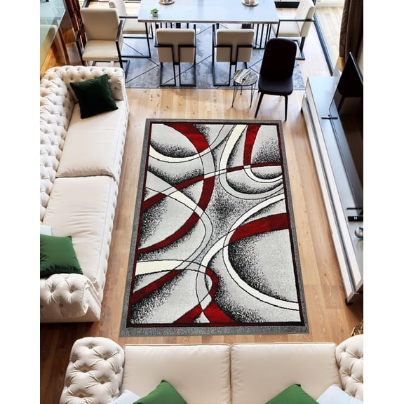 Star Abstract 5x7 Area Rug – Modern Contemporary Colorful Soft Polyester Carpet for Living Room Design 1310 Grey Red