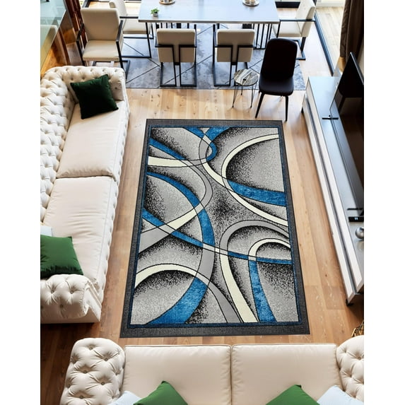 Star Abstract 5x7 Area Rug – Modern Contemporary Colorful Soft Polyester Carpet for Living Room Design 1310 Grey Turquoise Blue