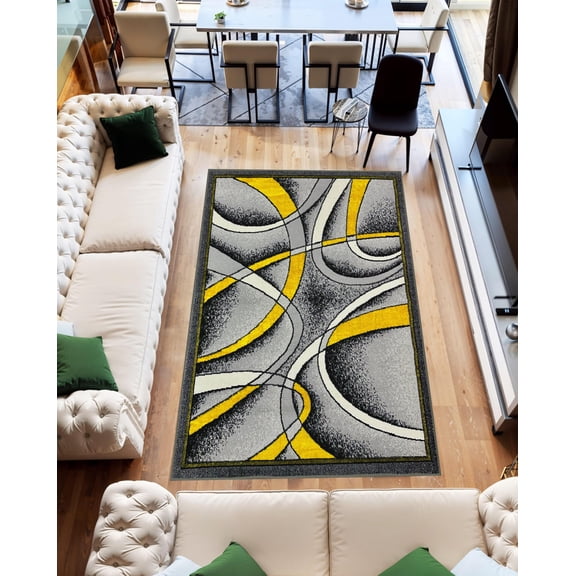 Star Abstract 5x7 Area Rug – Modern Contemporary Colorful Soft Polyester Carpet for Living Room Design 1310 Grey Yellow