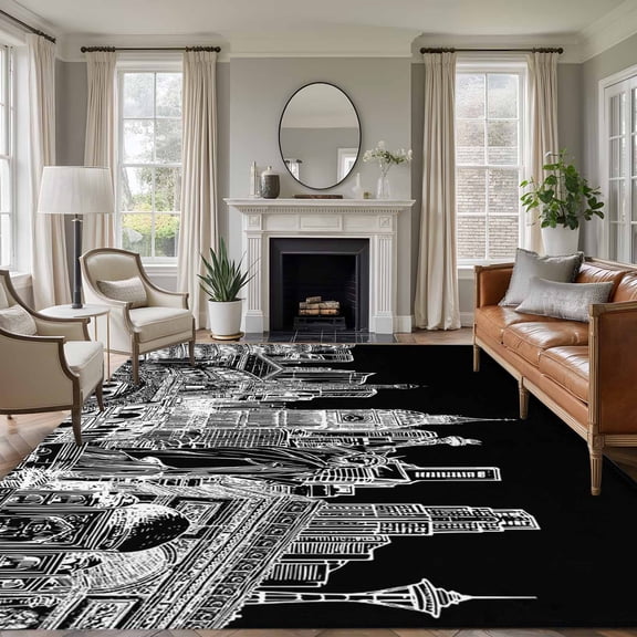 Abstract 6'x9' Large Area Rugs White and Black Global Landmarks Modern Collage Art Washable Area Rugs Non-Slip Indoor Floor Mats Large Carpet for Living Room Bedroom Dining Room