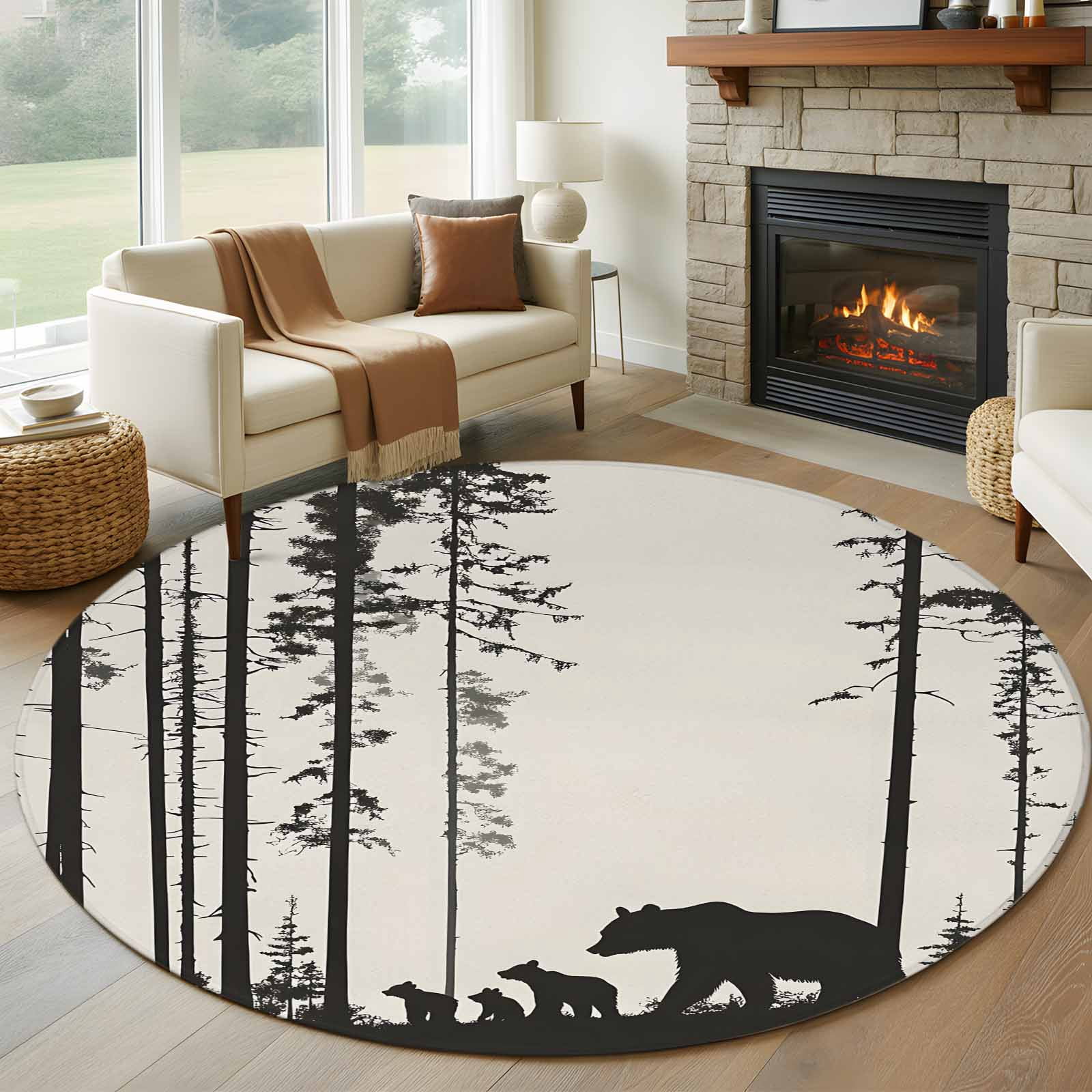 Abstract Tree Rug Abstract 6FT Round Area Rugs for Living Room Bear Family Forest Trees ...