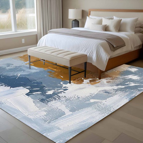 Abstract 6x9 Rug for Dining Room Table and Chair Setup, Retro Brown Blue Graffiti Mottled Painting Texture Low Pile Washable Non Slip Rectangle Area Rug