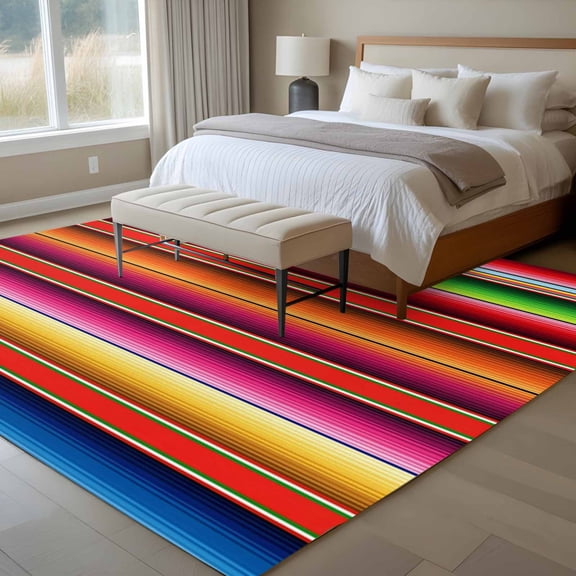 Abstract 6x9 Rug for Dining Room Table and Chair Setup, Colorful Mexican Stripe Pattern Orange Bohemian Low Pile Washable Non Slip Rectangle Area Rug