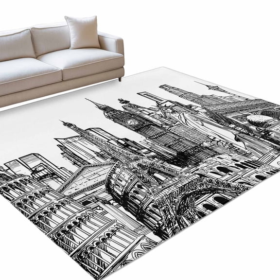Abstract 6x9ft Non Slip Area Rug Black and White Global Landmarks Modern Collage Art Washable Soft Area Rugs for Living Room, Indoor Circle Carpet for Bedroom Dining Room Kitchen
