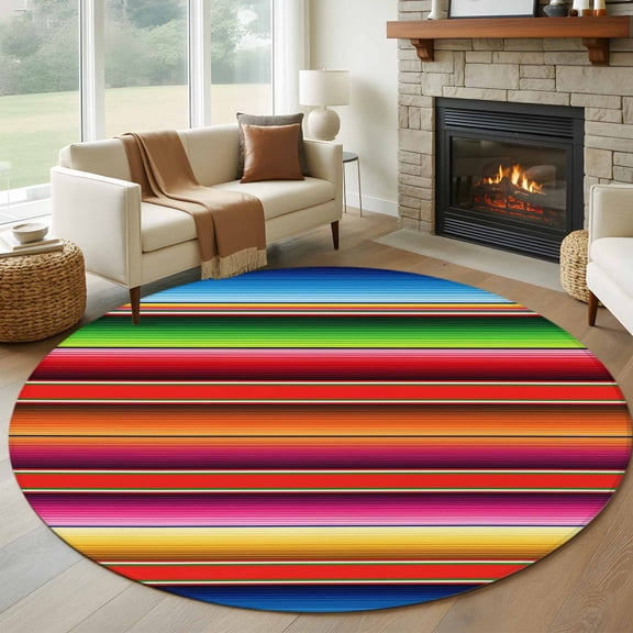 Abstract 7ft Round Rug for Living Room Conversation Area, Colorful Mexican Stripe Pattern Red Orange Bohemian Washable Non Slip Large Circle Area Rug