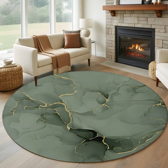 Abstract 7ft Round Rug for Living Room Conversation Area, Sage Green Golden Marble Fluid Lines Washable Non Slip Large Circle Area Rug