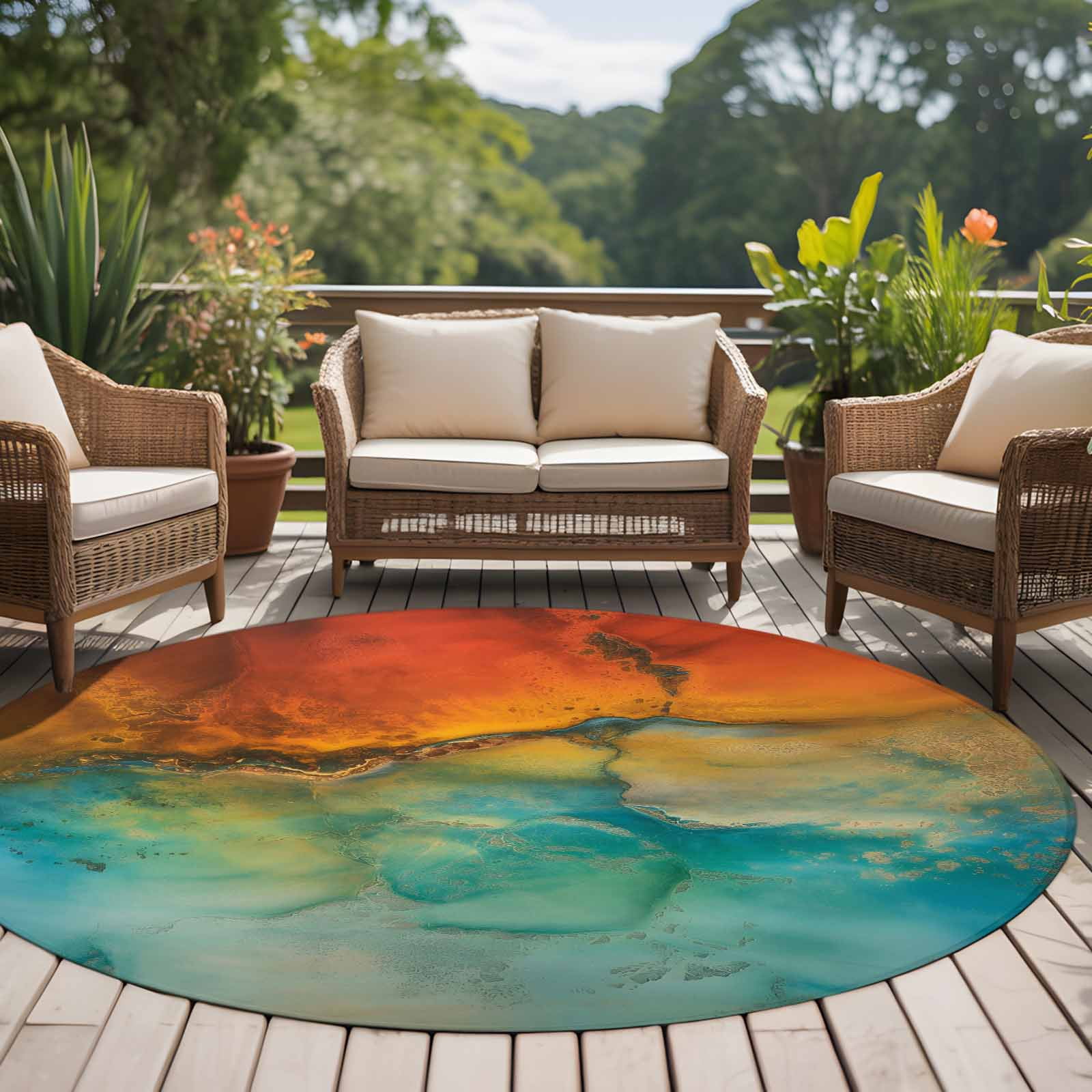 Abstract 8ft Round Rug for Open Concept Living Room Seating Zone ...