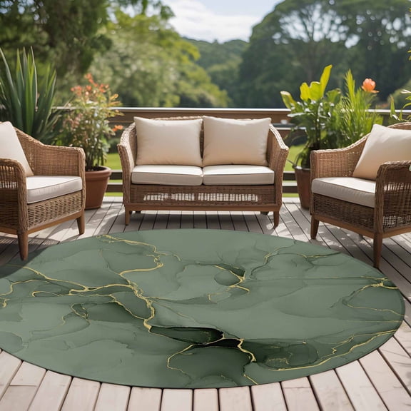 Abstract 8ft Round Rug for Open Concept Living Room Seating Zone, Sage Green Golden Marble Fluid Lines Washable Non Slip Large Circle Area Rug