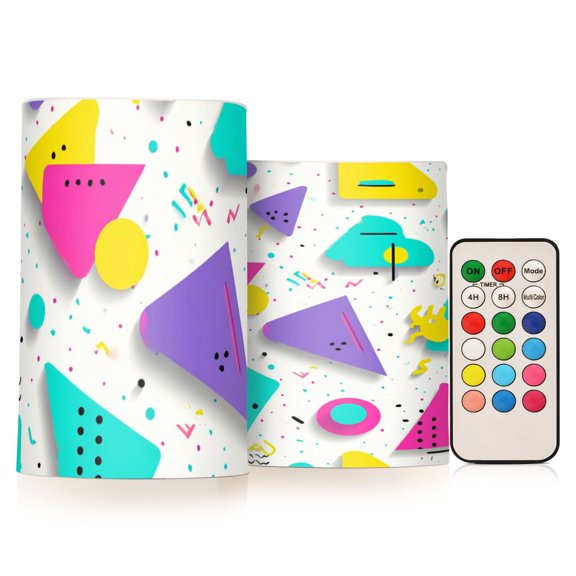 Abstract 90s Pattern Flickering Flameless Candles Battery Operated with Remote Timer LED Pillar Candles Set of 2
