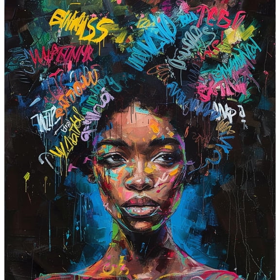 Abstract African Woman with Colorful Words Hair DIY 5D Diamond Art Painting by Number Kits for Adults Paint with Full Drill Round Diamond Gems Painting Art Craft for Home Wall Decor 13.8x13.8inch