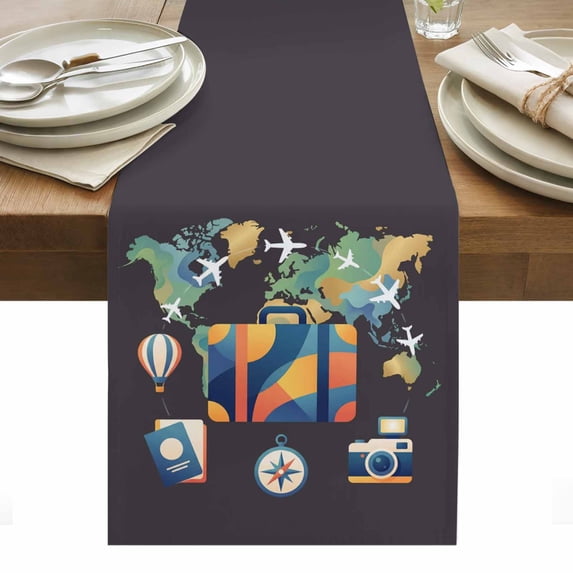 Abstract Aircraft Cotton Linen Table Runner Map Luggage Camera Passport ...