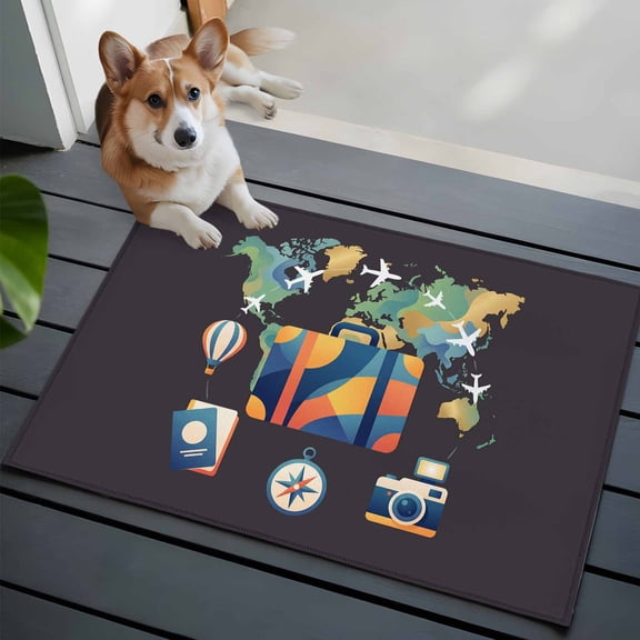 Abstract Aircraft Front Door Rugs 2x3 ft Map Luggage Camera Passport Hot Balloon Small Rug for Entryway Non Slip Washable Bathroom Door Mat Absorbent Floor Mat for Indoor Entrance