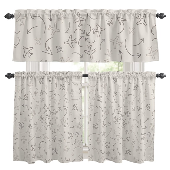 Abstract Aircraft Kitchen Curtains Set for Windows, Airplane Line Arrows Vintage Beige Modern Curtains Valance and Tier 3 Piece Set Small Drapes 36 Inch Length for Kitchen Bedroom Decor