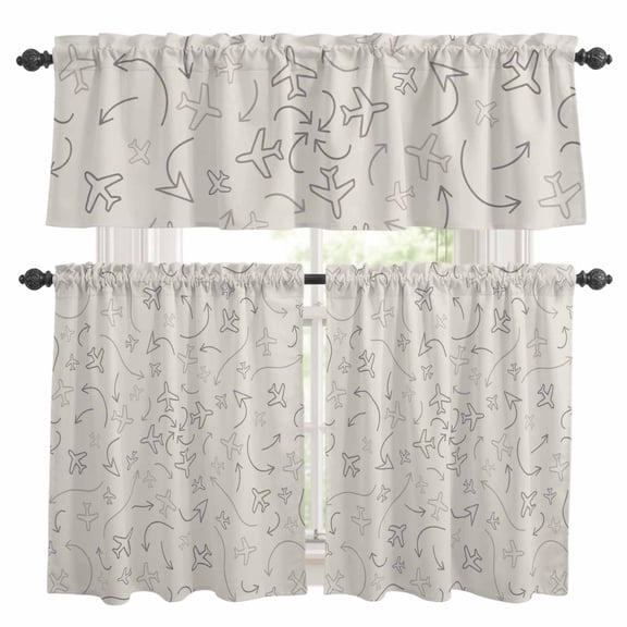 Abstract Aircraft Kitchen Curtains Valance and Tier Set Airplane Line Arrows Vintage Beige Modern Rod Pocket Short Curtains for Small Window 3 Pieces Set for Bedroom Cafe (54" x 18"+27" x 24")