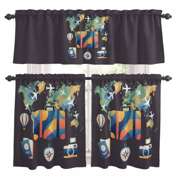 Abstract Aircraft Kitchen Curtains and Valances Set, Map Luggage Camera Passport Hot Balloon Rod Pocket Window Valance Window Curtain Panels for Living Room Bedroom Laundry, 27.5x24in, 3 Pieces