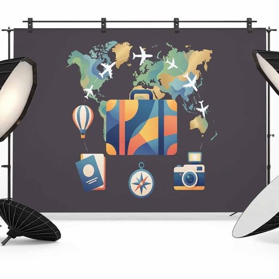 Abstract Aircraft Photography Backdrop 12x8FT, Map Luggage Camera Passport Hot Balloon Photo Backdrops, Background for Photography Studio Photo Studio Background, Back Drop for Photoshoot