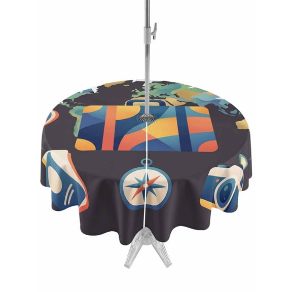 Abstract Aircraft Round Outdoor Tablecloth with Umbrella Hole Map Luggage Camera Passport Hot Balloon 54 Inch Round Waterproof Table Cover Zippered Table Cloth for Garden Patio