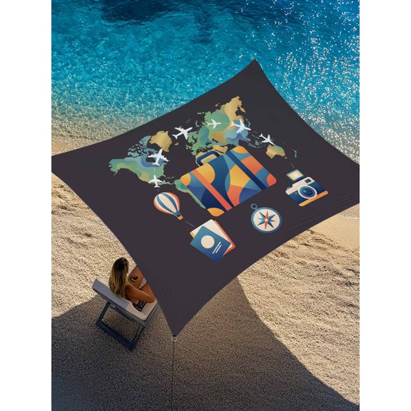 Abstract Aircraft Sun Shade Sail 12' x 16', Map Luggage Camera Passport Hot Balloon Rectangle Outdoor Sunshade Canopy, Waterproof UV Block Patio Covers for Garden Yard Beach