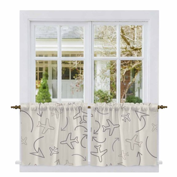Abstract Airline Route Tier Curtains 24 Inch Length, Vintage Aircraft Arrows Cafe Short Curtains for Bathroom Over Sink, Small Kitchen Curtain Light Filtering Tiered Drapes 2 Panels 27.5"Wx24"L