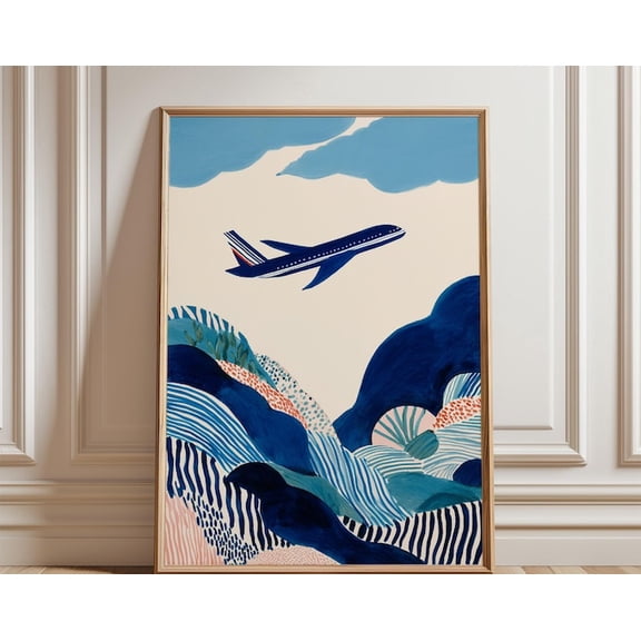 Abstract Airplane Blue Landscape Travel Aviation Wall Art, Unframed Paper Poster 8x10in