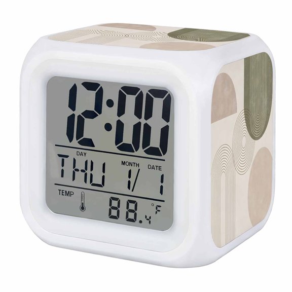 Abstract Alarm Clock, Boho Minimalist Beige Green Curved Arch Line Circle Digital Clock Night Light with 7 Color, Calendar Temperature Display, LED Desk Small Clock for Bedrooms Bedside Living Room