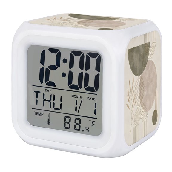 Abstract Alarm Clock, Minimalist Boho Beige Green Curved Arch Line Circle Leaf Digital Clock Night Light with 7 Color, Calendar Temperature Display, LED Desk Small Clock for Bedrooms Living Room