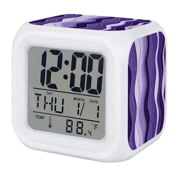 Abstract Alarm Clock, Purple Gradient Waves Beach Lines Digital Clock Night Light with 7 Color, Calendar Temperature Display, LED Desk Small Clock for Bedrooms Bedside Living Room