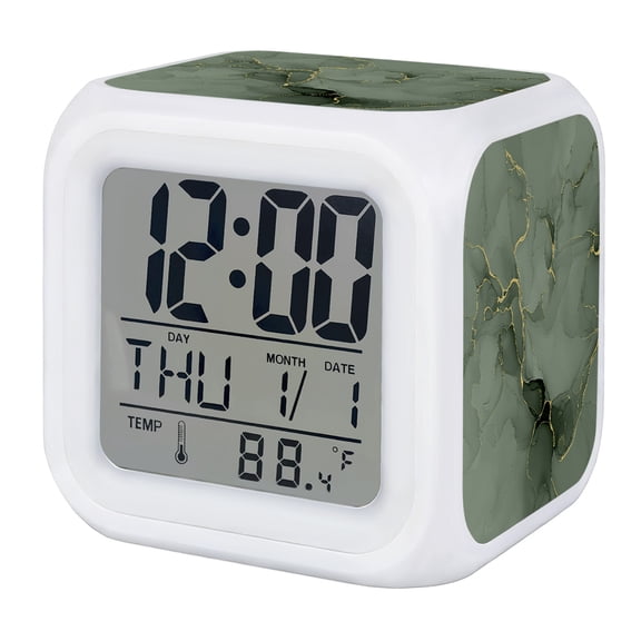 Abstract Alarm Clock, Sage Green Golden Marble Fluid Lines Digital Clock Night Light with 7 Color, Calendar Temperature Display, LED Desk Small Clock for Bedrooms Bedside Living Room
