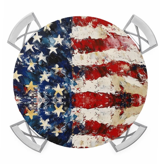 Abstract American Flag Round Table Cover, Paint Splatters Independence Day Waterproof Fitted Tablecloths for 36"-44" Tables, Washable Picnic Table Cover for Camping Dining Indoor Outdoor