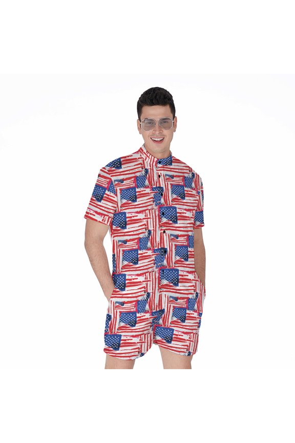 Abstract American Flag Short Sleeve Men'S Rompers, American Flag Casual Summer Jumpsuits Outfit. Gifts For Us Independence Day, 4Th Of July