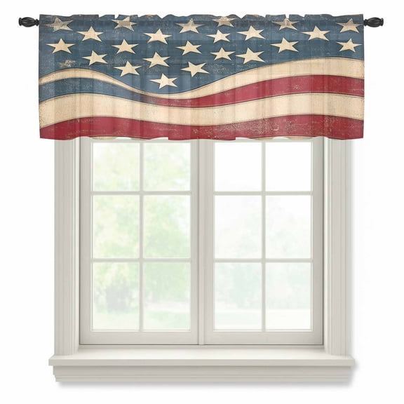 Abstract American Semi Sheer Valance Curtains Flag Stripe Star Retro Mottled Modern Voile Valances Curtain Rod Pocket Small Window Treatment for Kitchen Bathroom Cafe 54"x18"