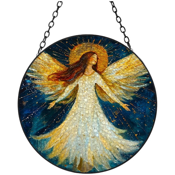 Abstract Angel Stars Shining Wing Stained Glass Suncatcher Handmade Window Hanging Colored Glass Suncatcher Crafts Kits for Indoor Garden Decor Memorial Gift 16x16cm(1)