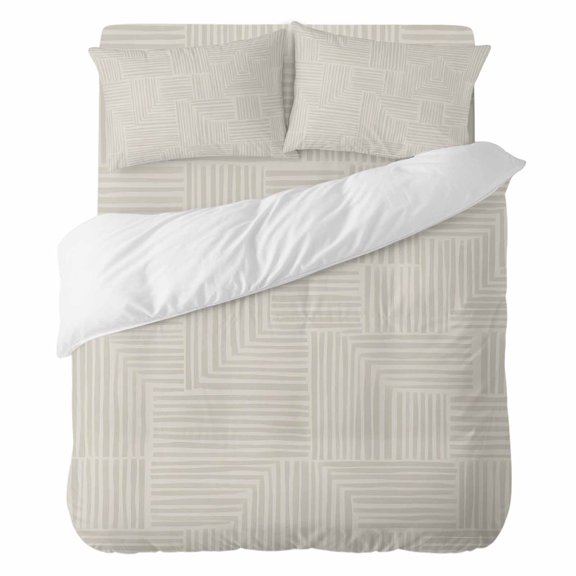 Abstract Angular Line Bedding Duvet Cover Set Full Size 4 Pieces, Geometric L-shaped Stripes Beige Bedding Set with Zipper Closure, 1 Comforter Cover 86x90 Inches 1 Flat Sheet & 2 Pillow Cases
