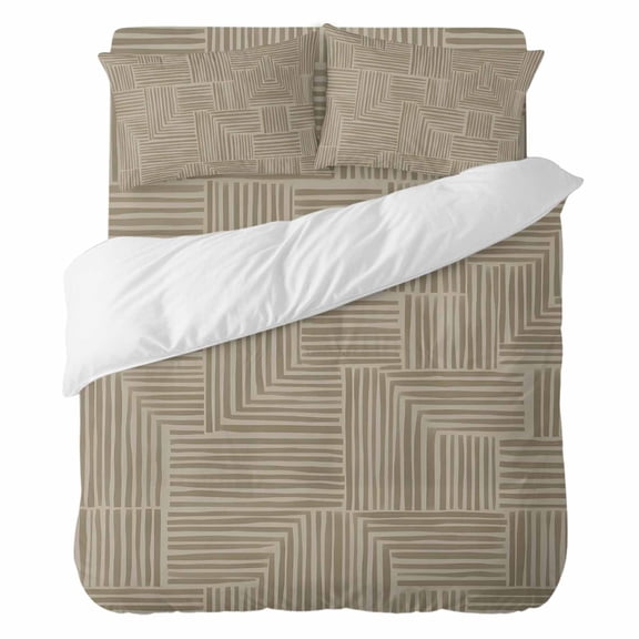 Abstract Angular Line Bedding Duvet Cover Set Full Size 4 Pieces, Geometric L-shaped Stripes Taupe Bedding Set with Zipper Closure, 1 Comforter Cover 86x90 Inches 1 Flat Sheet & 2 Pillow Cases