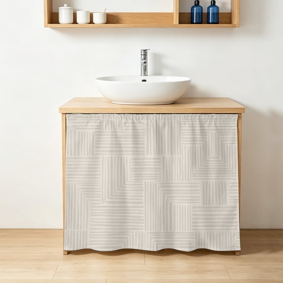 Abstract Angular Line Cabinet Curtains 11" W x 13" L, Geometric L-shaped Stripes Beige Under-Desk Privacy Dust Proof Drape Dishwasher Curtain Sink Skirt for Kitchen Closet Bathroom Laundry
