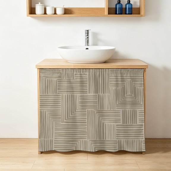 Abstract Angular Line Cabinet Curtains 11" W x 13" L, Geometric L-shaped Stripes Taupe Under-Desk Privacy Dust Proof Drape Dishwasher Curtain Sink Skirt for Kitchen Closet Bathroom Laundry